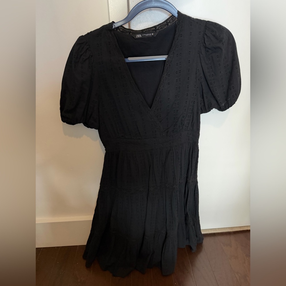 Zara Black Puff-Sleeve V-Neck Mini Eyelit Dress